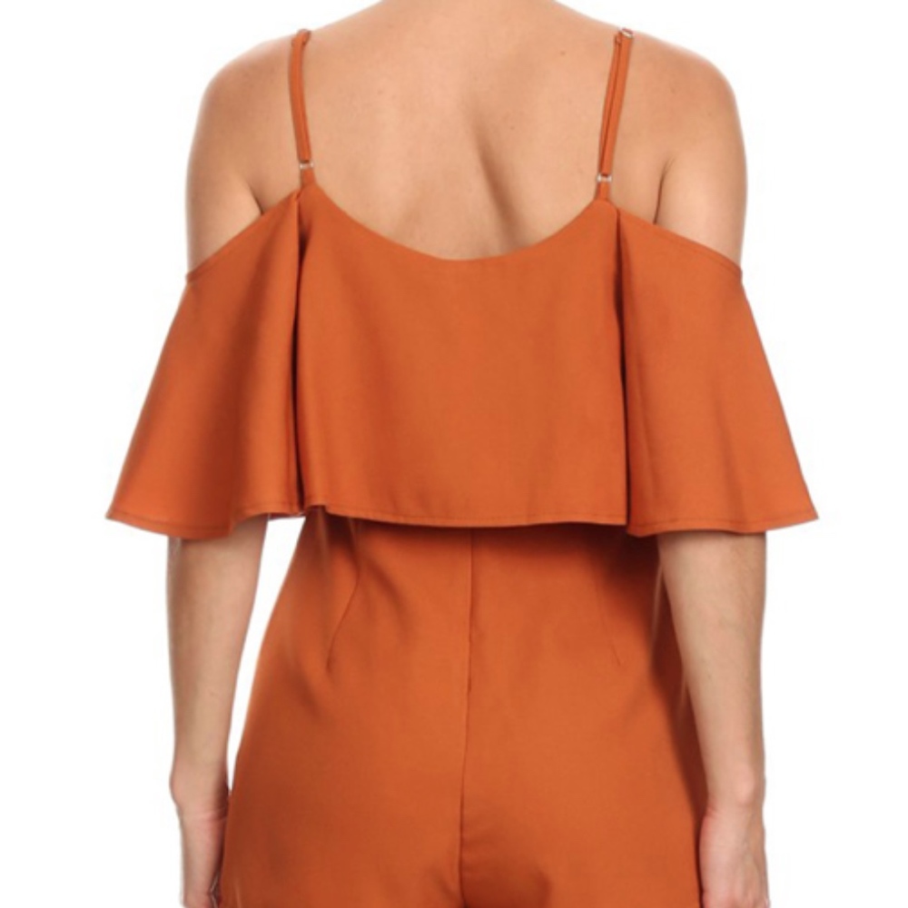 Orange/Rust Off the Shoulder Ruffle Romper - Picture 3 of 4